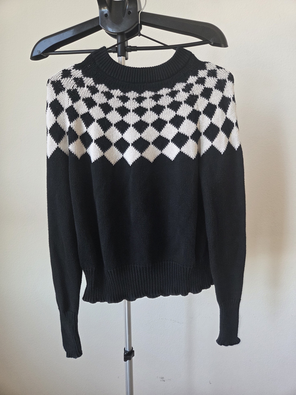 ​Margaret O'Leary Black White Checker Geometric Knit Sweater Size XS